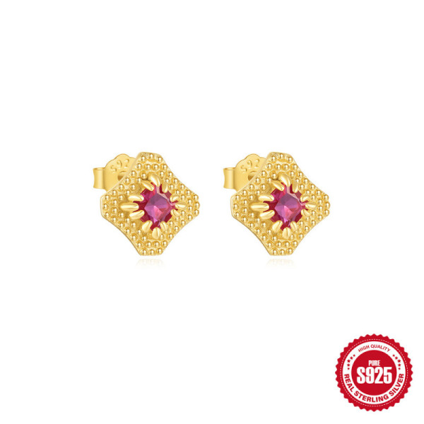 Gold-Plated Ruby Geometric Stud Earrings