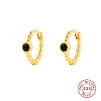 Gold-Plated Beaded Hoop Earrings with Onyx