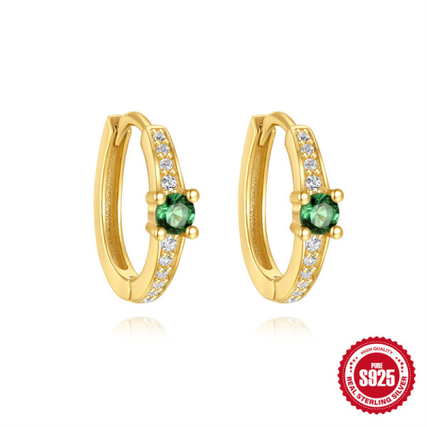 Gold-Plated Green Stone Small Hoop Earrings
