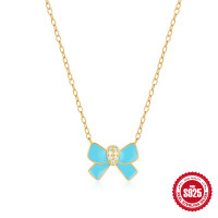 925 Silver Blue Enamel Bow Pendant Necklace
