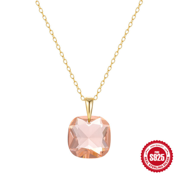 Gold-Plated Pink Crystal Pendant Necklace