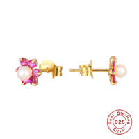 Gold-Plated Floral Pearl Stud Earrings