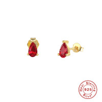 Pear-Cut Red Stone Gold Prong Stud Earrings