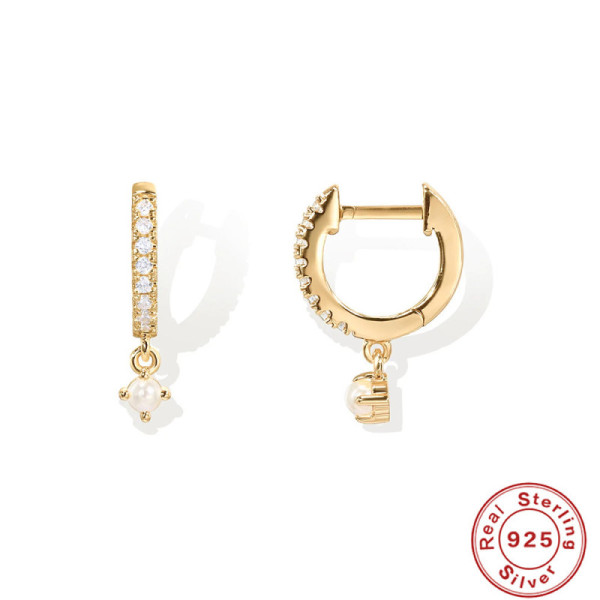 Gold-Plated Pavé Huggie Earrings with Pearl Charm