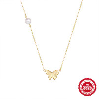 Gold Butterfly Pendant Necklace with Pearl