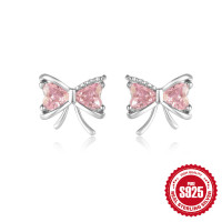 925 Silver Bow Stud Earrings with Pink Stones