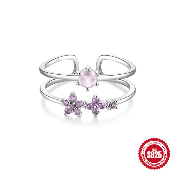 925 Silver Floral Adjustable Ring with Pink & Purple Stones