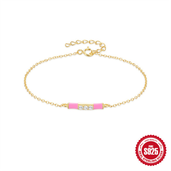 925 Silver Pink Enamel Gold Chain Bracelet