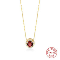 Gold-Plated Ruby Halo Pendant Necklace