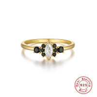 Gold-Plated Geometric Ring with Black Stones
