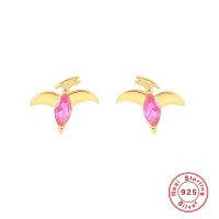 Gold Abstract Stud Earrings with Pink Stones