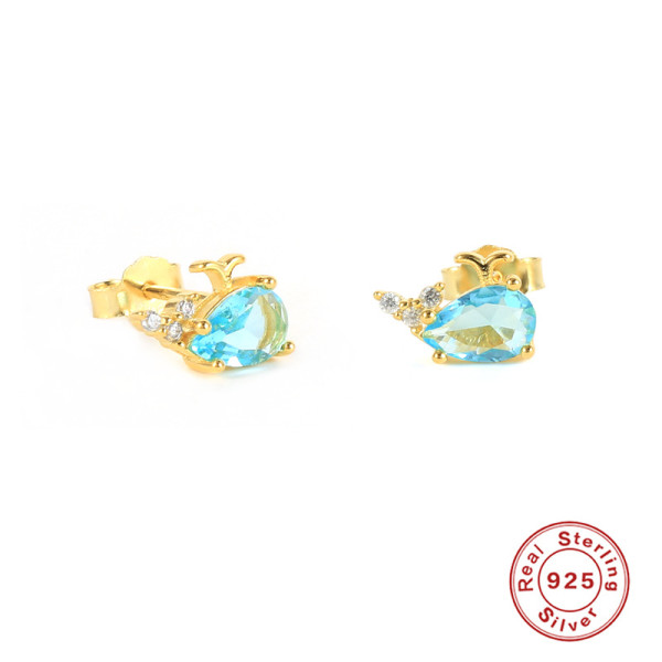 Gold-Tone Whale Stud Earrings with Blue Crystals