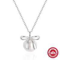 Sterling Silver Bow Pearl Pendant Necklace