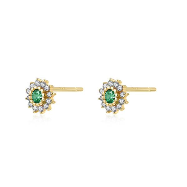 Gold-Plated Floral Stud Earrings with Green Stone