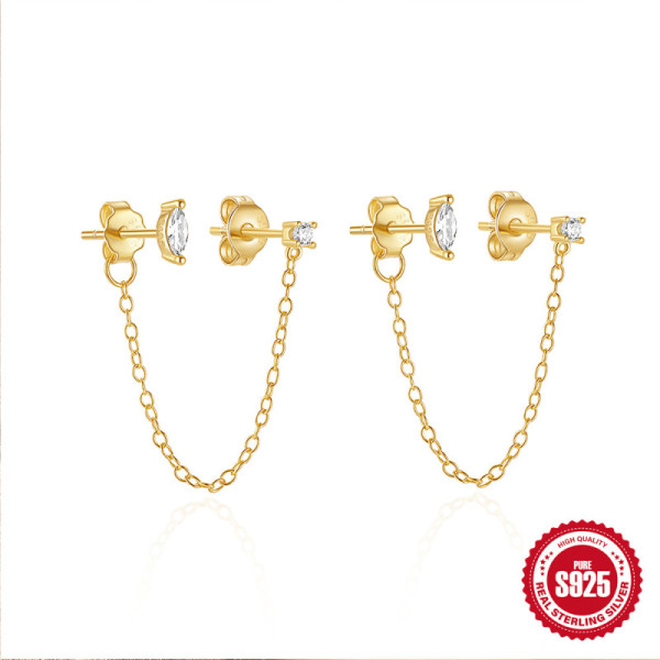 925 Silver Gold-Tone Chain Stud Earrings
