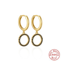 Gold Huggie Earrings with Black Pavé Dangle