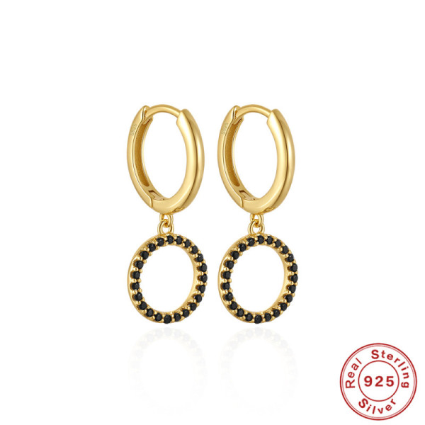 Gold Huggie Earrings with Black Pavé Dangle
