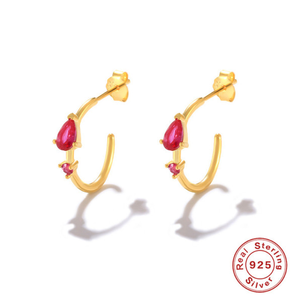 Gold-Plated Small Hoop Earrings with Red Stones