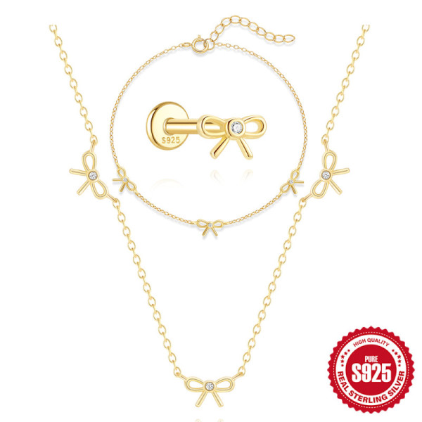 Gold-Finished Bow Charm Necklace and Bracelet Set
