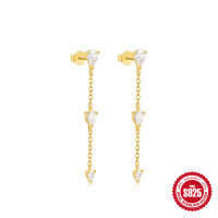 925 Silver Gold-Tone Crystal Chain Drop Earrings