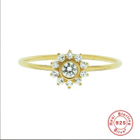 925 Silver Gold-Tone Floral Cubic Zirconia Ring