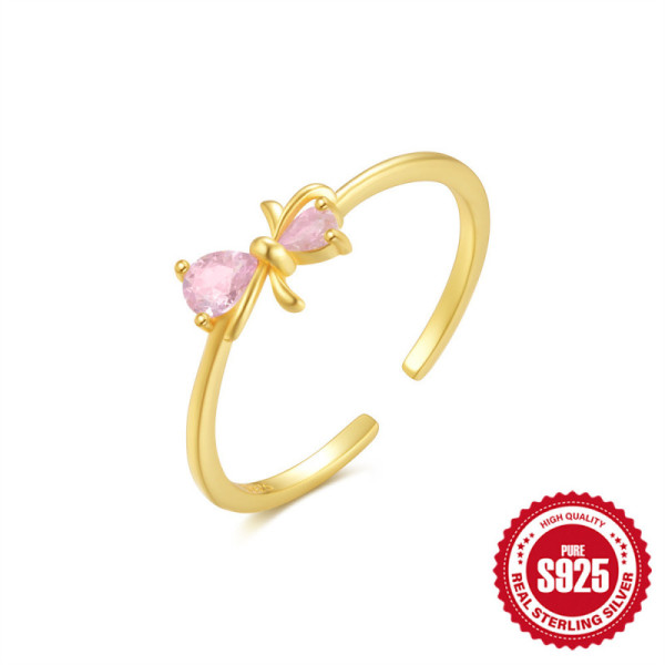 Gold-Finished Pink Gemstone Bow Ring