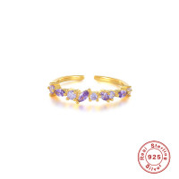 925 Silver Gold-Tone Cuff Ring with Purple Stones