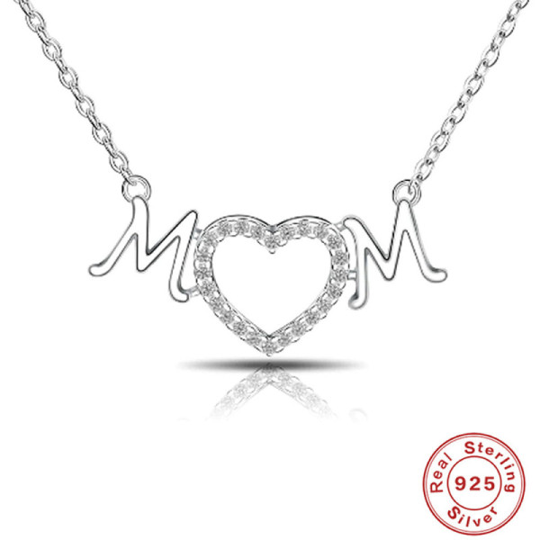 Sterling Silver MOM Heart Pendant Necklace