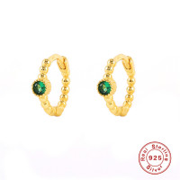 Gold-Plated Beaded Hoop Earrings with Green Stones