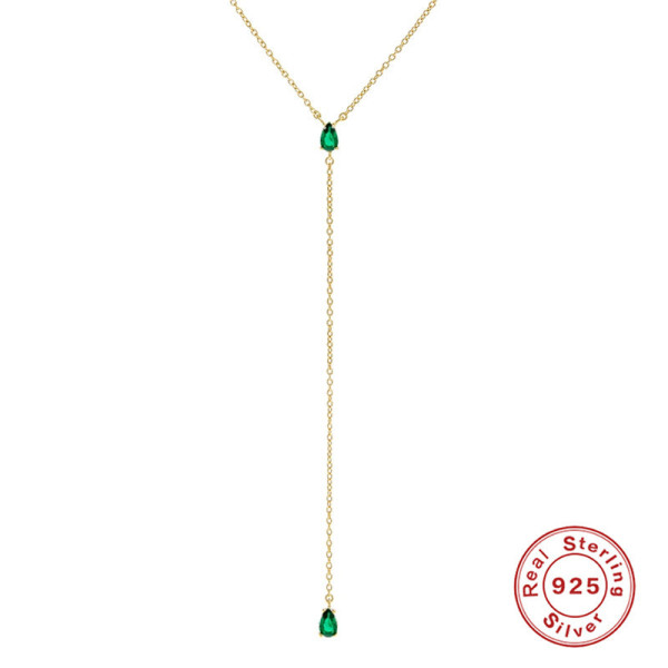 925 Silver Gold-Finish Emerald Lariat Necklace