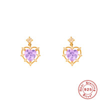 Gold-Finish Heart Dangle Earrings with Purple Stones