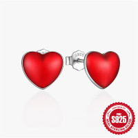 925 Silver Red Enamel Heart Stud Earrings