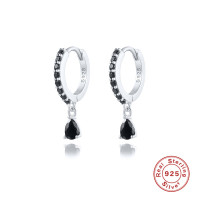 925 Silver Pavé Huggie Earrings with Black Stone