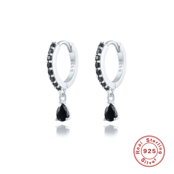 925 Silver Pavé Huggie Earrings with Black Stone
