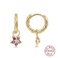 925 Silver Gold-Tone Floral Hoop Earrings