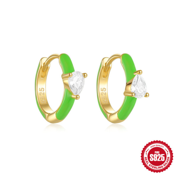 925 Silver Green Enamel Small Hoop Earrings