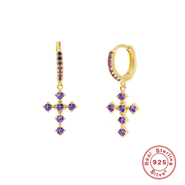 Gold-Finish Cross Drop Earrings with Purple Stones