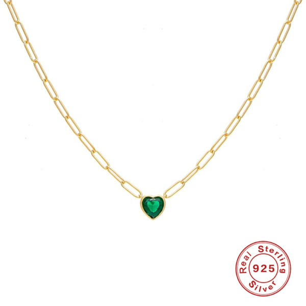 Gold Link Chain Necklace with Green Heart Stone