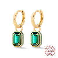 Gold-Finish Huggie Hoops with Emerald Stones
