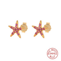 Gold Starfish Stud Earrings with Pink Stones