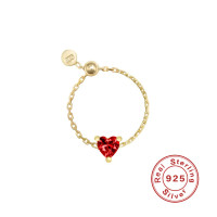 Sterling Silver Heart Chain Ring with Red Stone