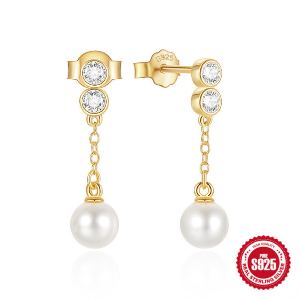 Gold-Tone Pearl Drop Earrings with CZ
