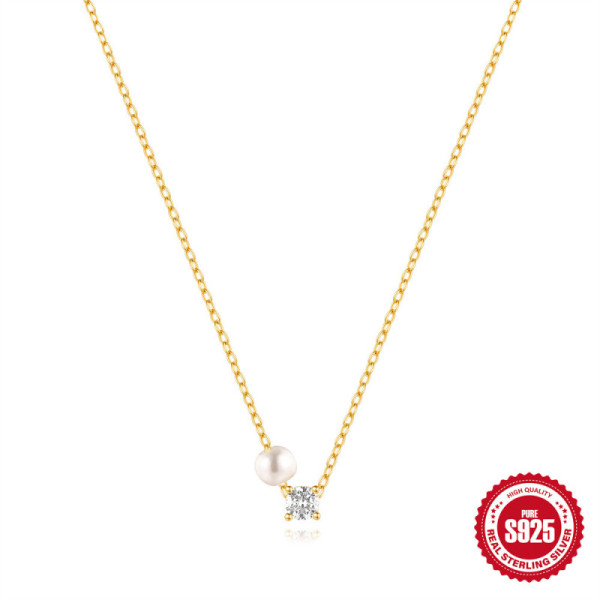 925 Silver Gold-Plated Pearl and Crystal Necklace