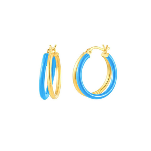 925 Silver Gold and Blue Enamel Hoop Earrings