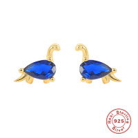 Gold-Tone Dinosaur Stud Earrings with Blue Crystal