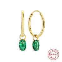 Gold Small Hoop Earrings with Green Stones