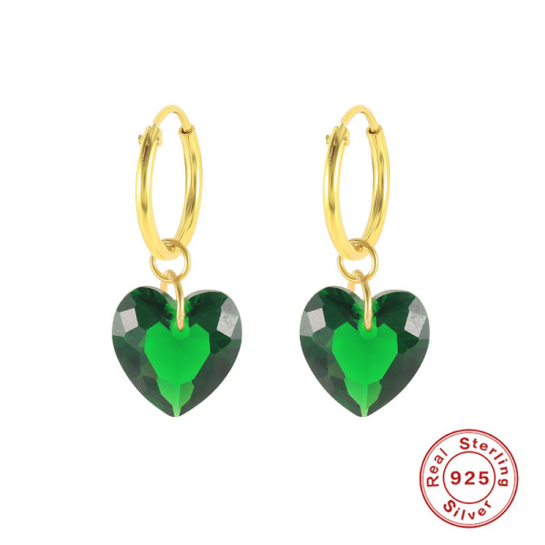 Gold Hoop Earrings with Green Heart Crystals