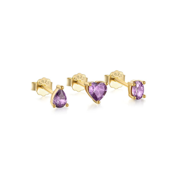 Gold-Tone Purple CZ Stud Earrings Set
