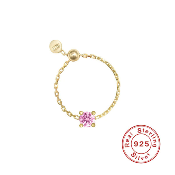 925 Silver Gold-Tone Pink Cubic Zirconia Chain Ring