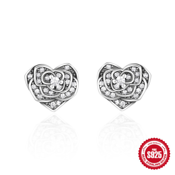 Sterling Silver Floral Heart Stud Earrings